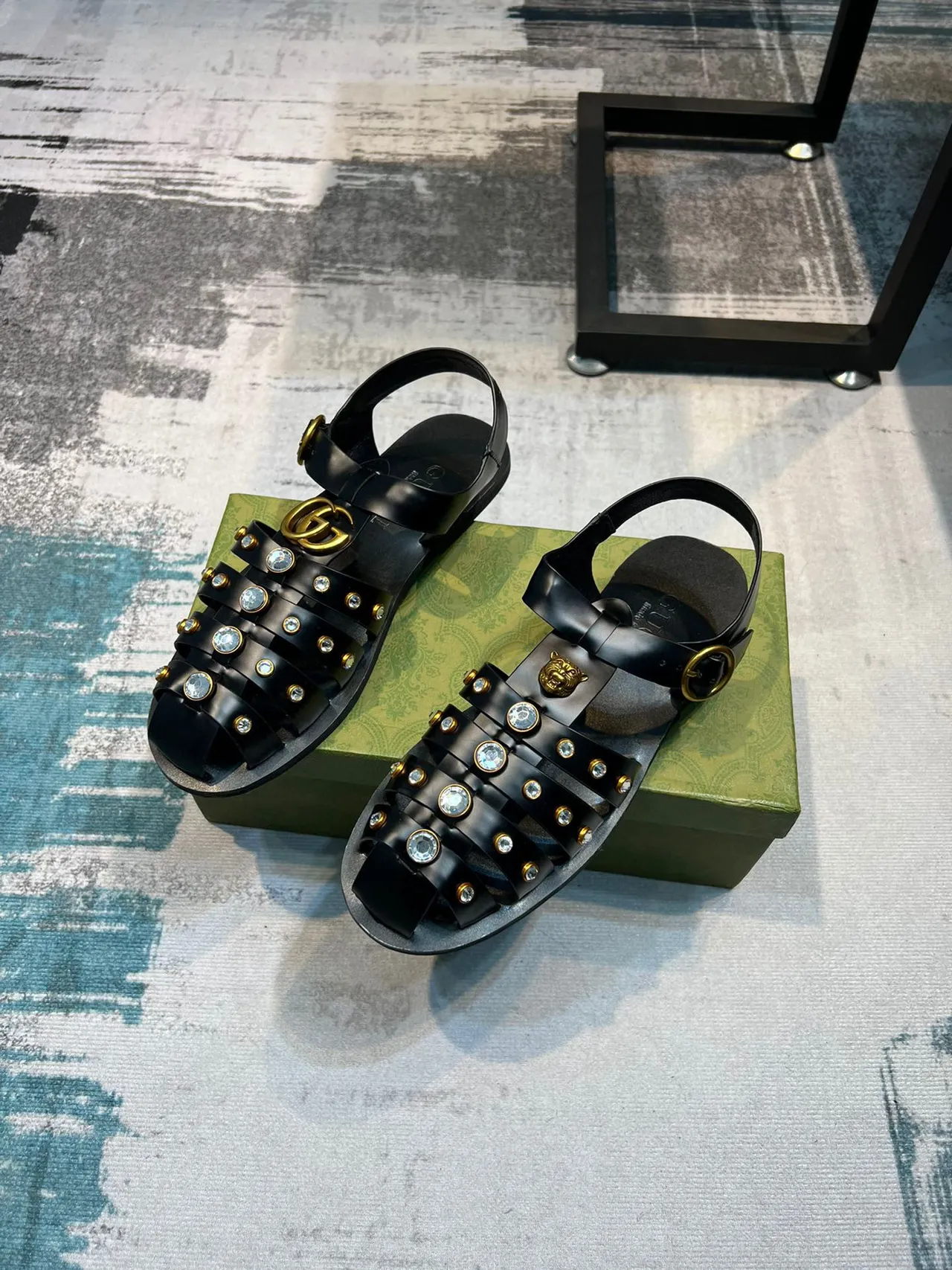 Gucci Black Gold Multi-Strap Crystal-Embellished Gladiator Sandals 3