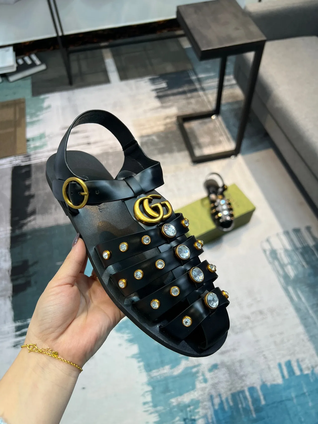 Gucci Black Gold Multi-Strap Crystal-Embellished Gladiator Sandals 5