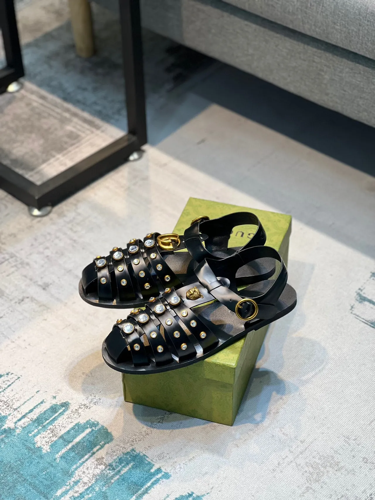 Gucci Black Gold Multi-Strap Crystal-Embellished Gladiator Sandals 6