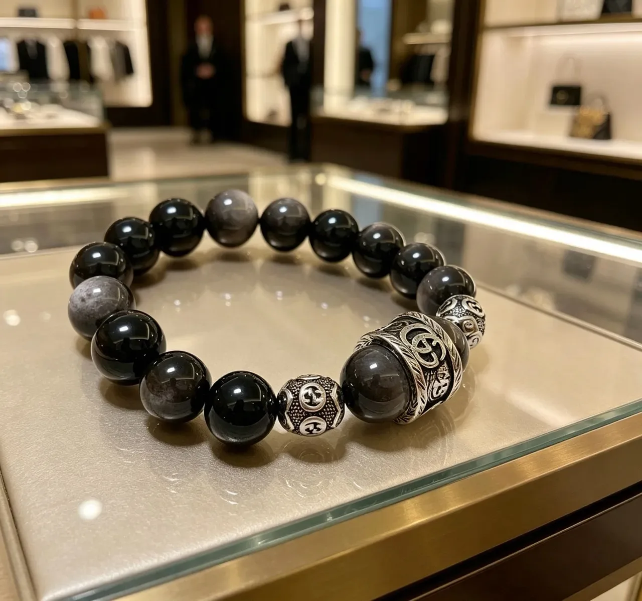 Gucci Black Gray Beaded Metal-Charmed Bracelet 3