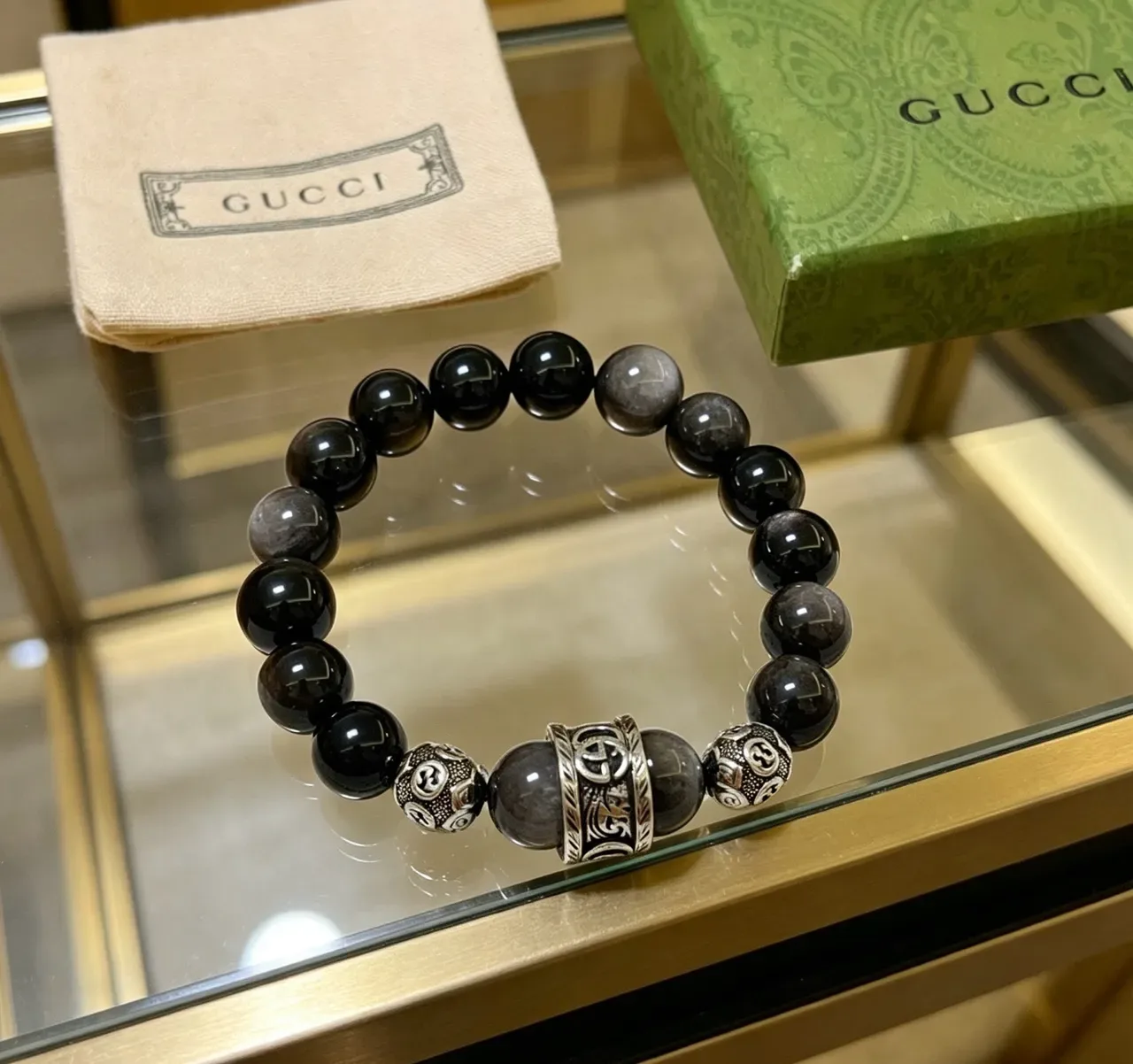 Gucci Black Gray Beaded Metal-Charmed Bracelet 5
