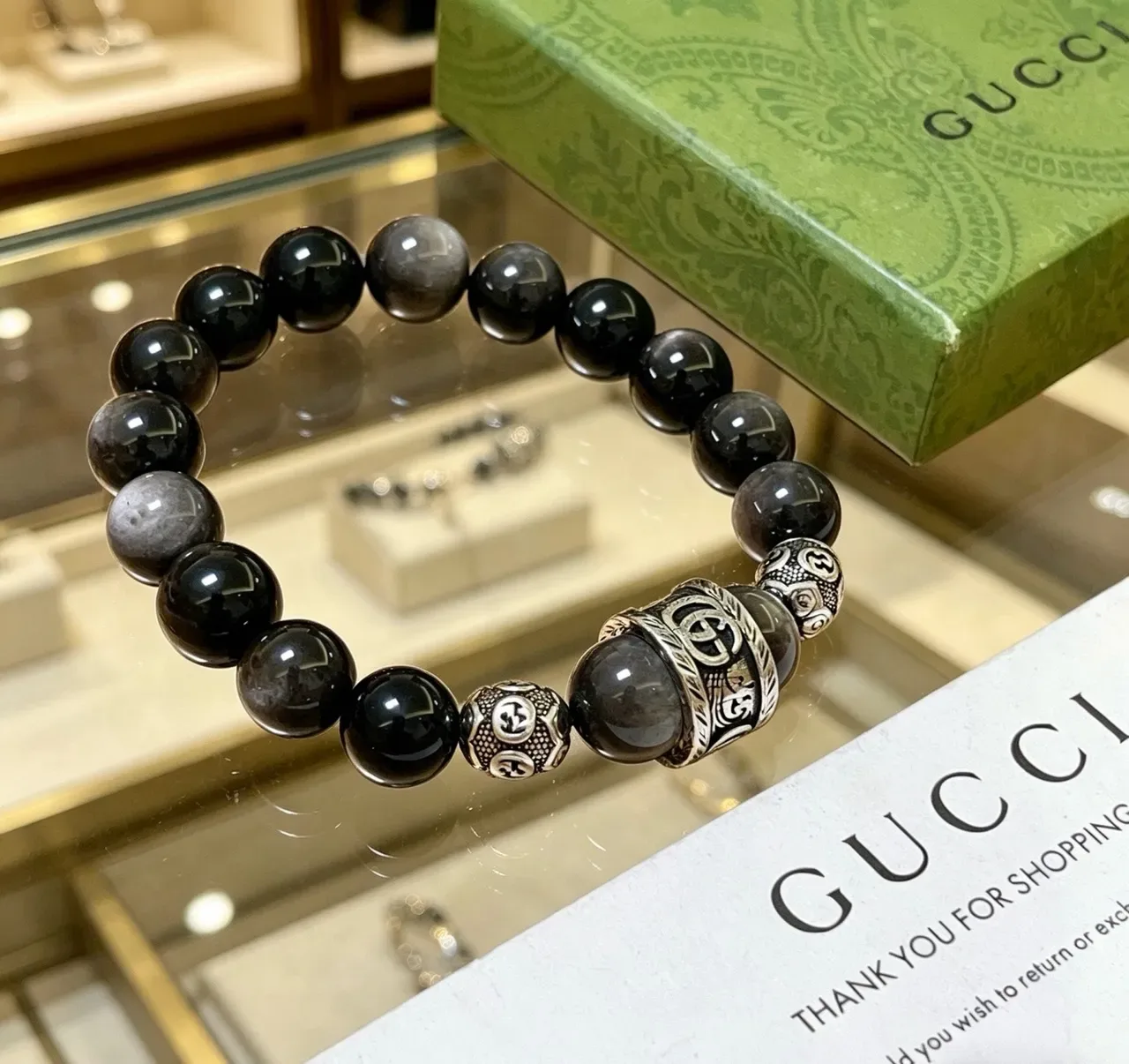 Gucci Black Gray Beaded Metal-Charmed Bracelet 6