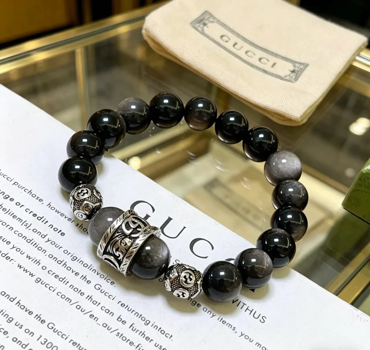 Gucci Black Gray Beaded Metal-Charmed Bracelet 9