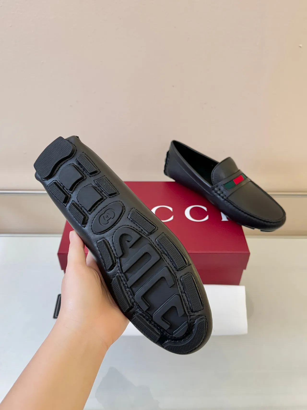 Gucci Black Green Leather Web Stripe Detail Loafer 5