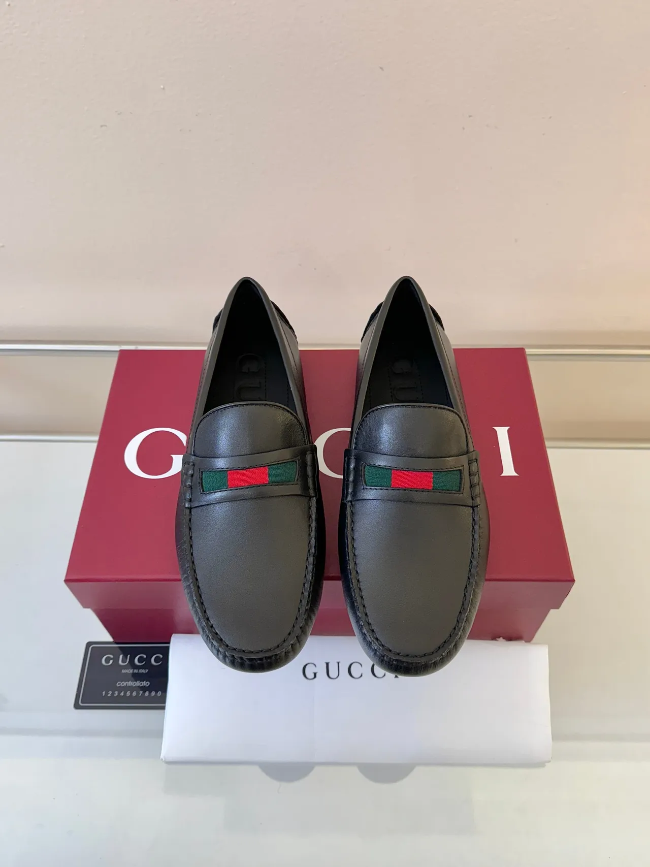 Gucci Black Green Leather Web Stripe Detail Loafer 6