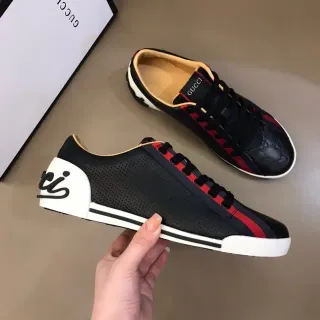 Gucci Black Red Perforated Leather Upper Web Stripe Detail Lifestyle Sneakers