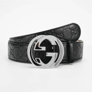 Gucci কালো রূপালি GG-Embossed Interlocking G বাকেল চামড়ার বেল্ট