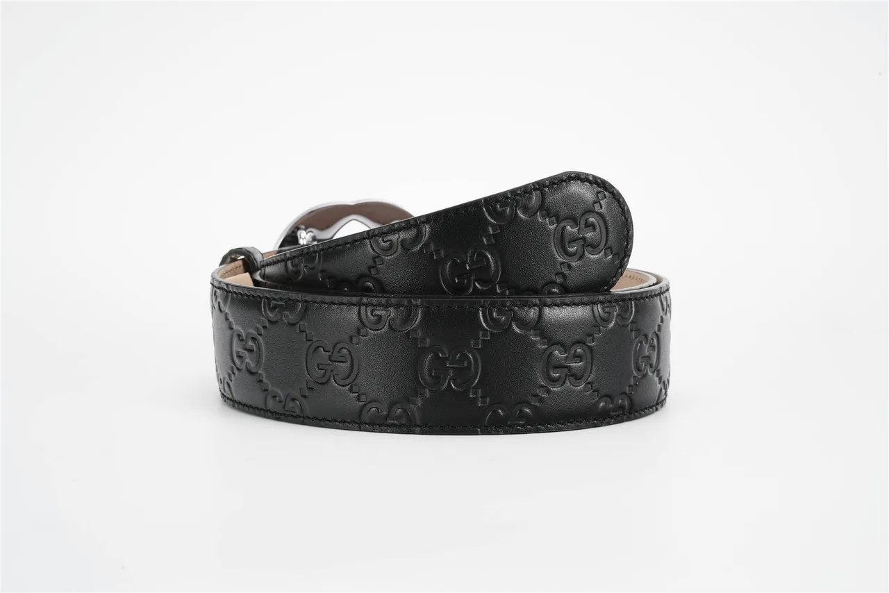 Gucci Black Silver GG-Embossed Interlocking G Buckle Leather Belt 3