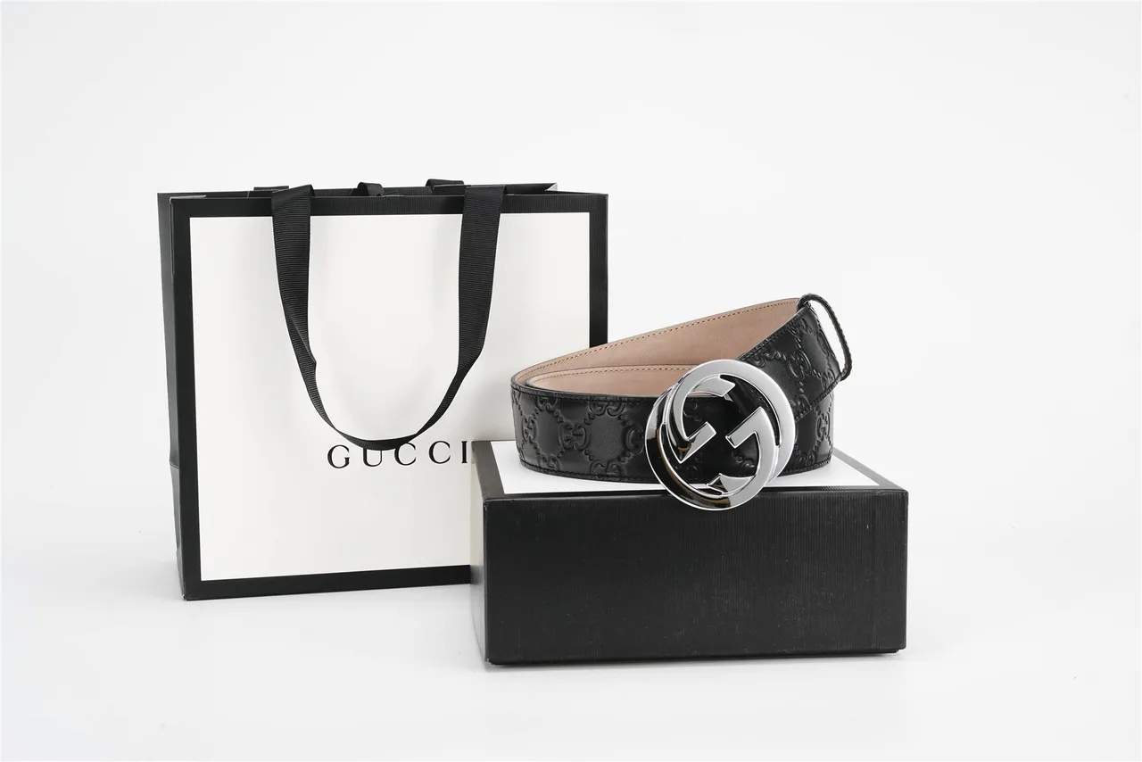 Gucci Black Silver GG-Embossed Interlocking G Buckle Leather Belt 4