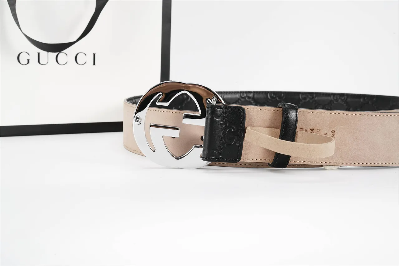 Gucci Black Silver GG-Embossed Interlocking G Buckle Leather Belt 7