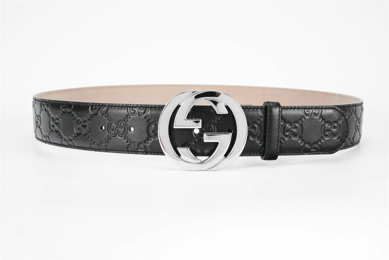 Gucci Black Silver GG-Embossed Interlocking G Buckle Leather Belt 10