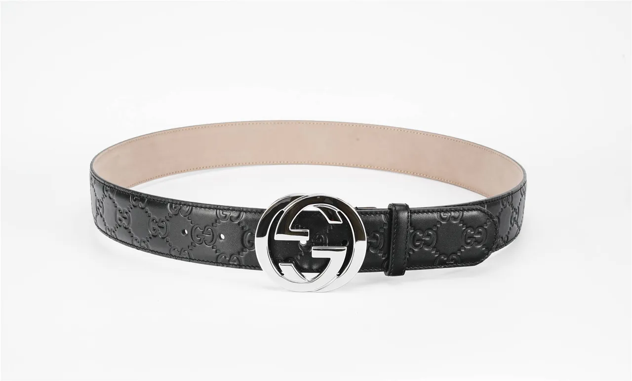 Gucci Black Silver GG-Embossed Interlocking G Buckle Leather Belt 11