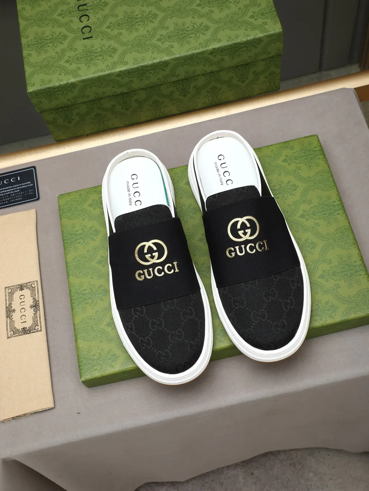 Gucci Black White Backless Slip-On Elasticated Fabric Vamp Casual Shoes 3