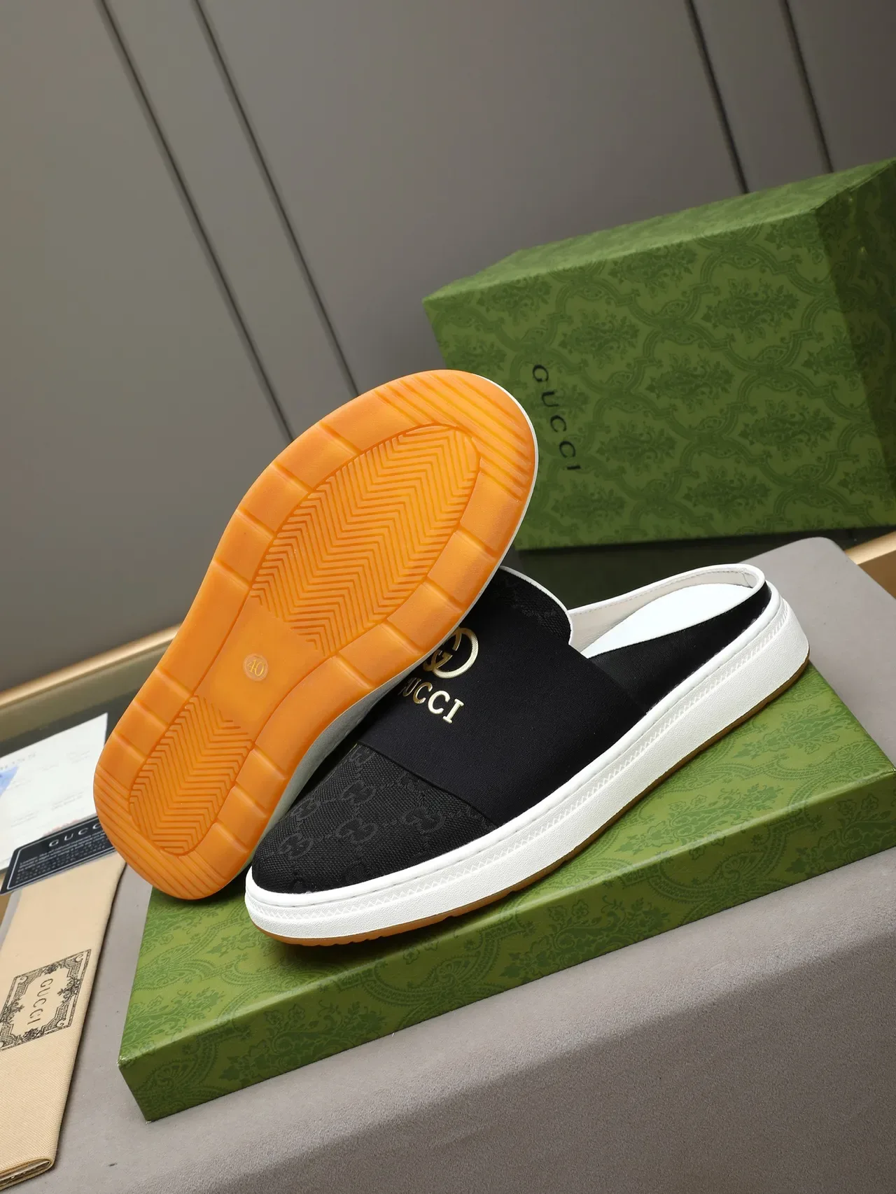 Gucci Black White Backless Slip-On Elasticated Fabric Vamp Casual Shoes 4