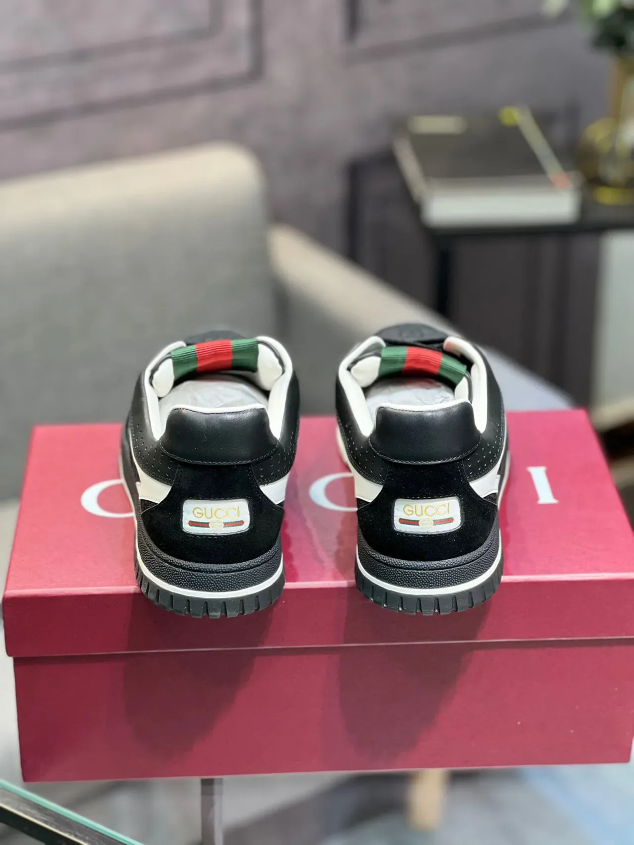 Gucci Black White GG Monogram Canvas Upper Red-Green Web Stripe Collar Lifestyle Sneakers 3