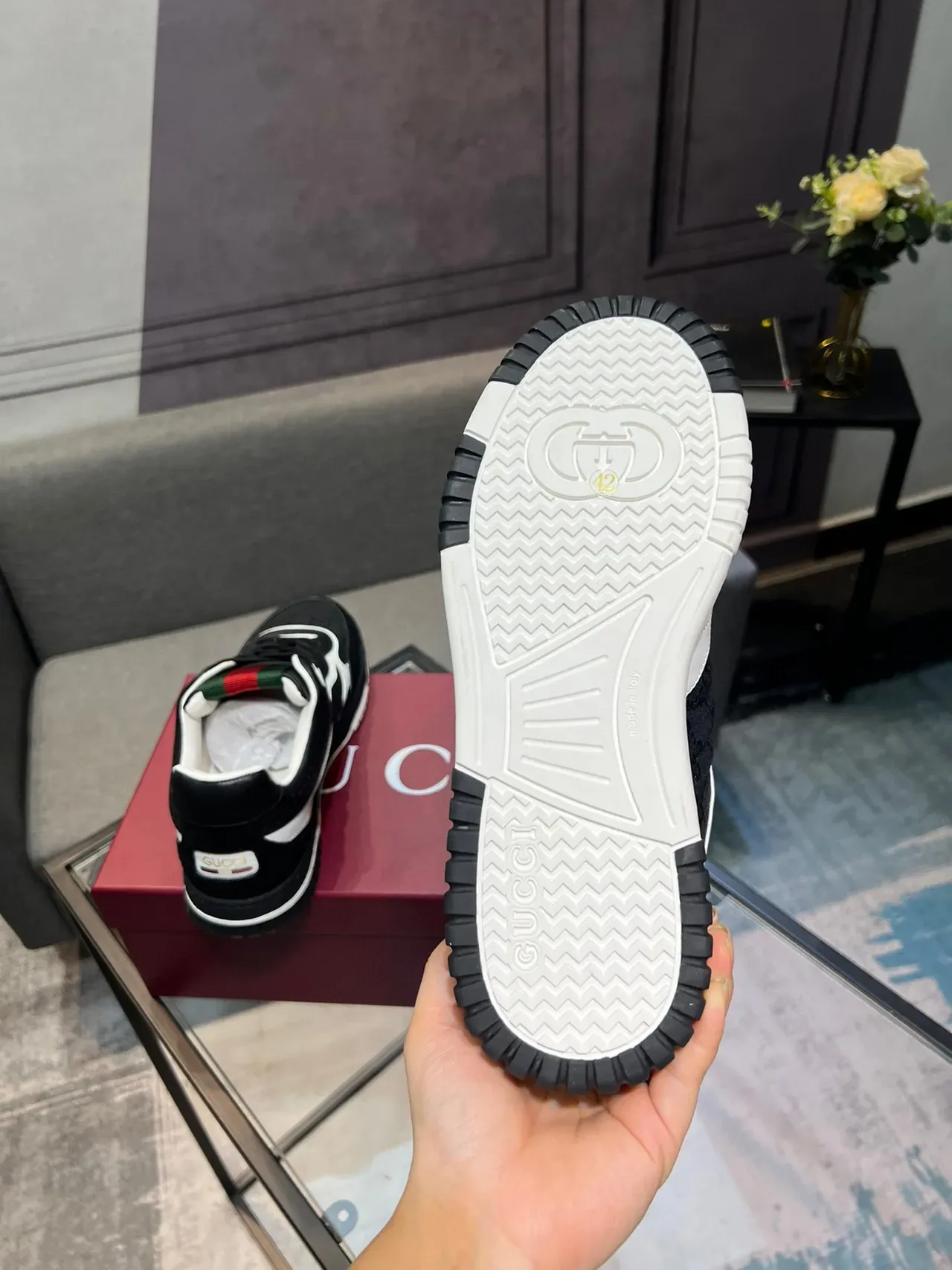 Gucci Black White GG Monogram Canvas Upper Red-Green Web Stripe Collar Lifestyle Sneakers 5