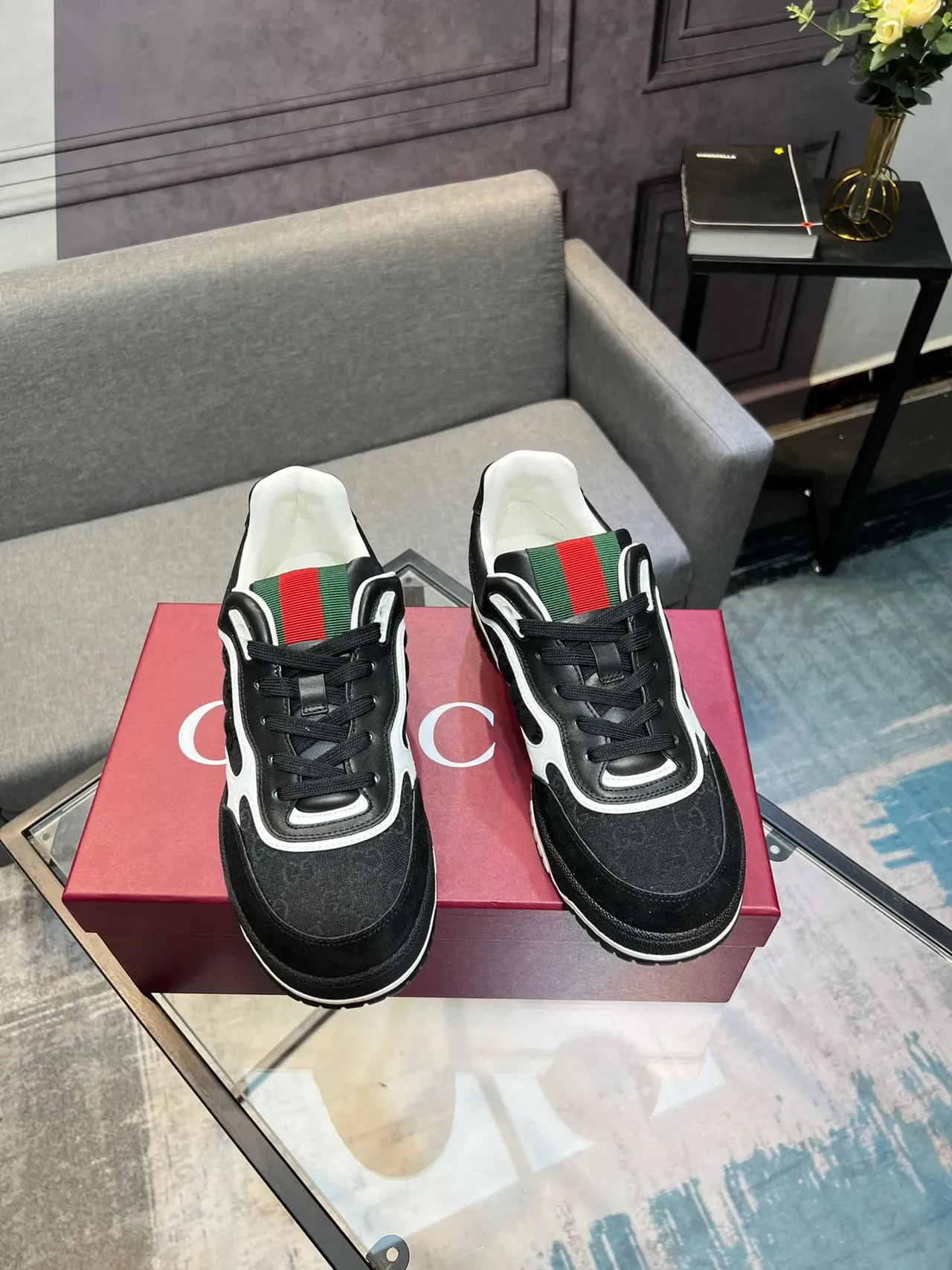 Gucci Black White GG Monogram Canvas Upper Red-Green Web Stripe Collar Lifestyle Sneakers 6