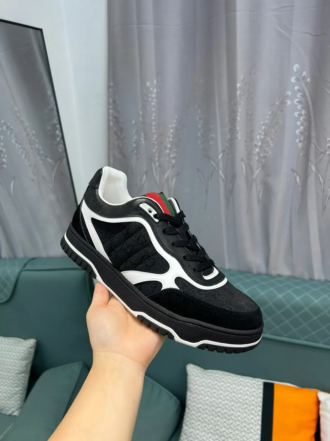 Gucci Black White GG Monogram Canvas Upper Red-Green Web Stripe Collar Lifestyle Sneakers 7