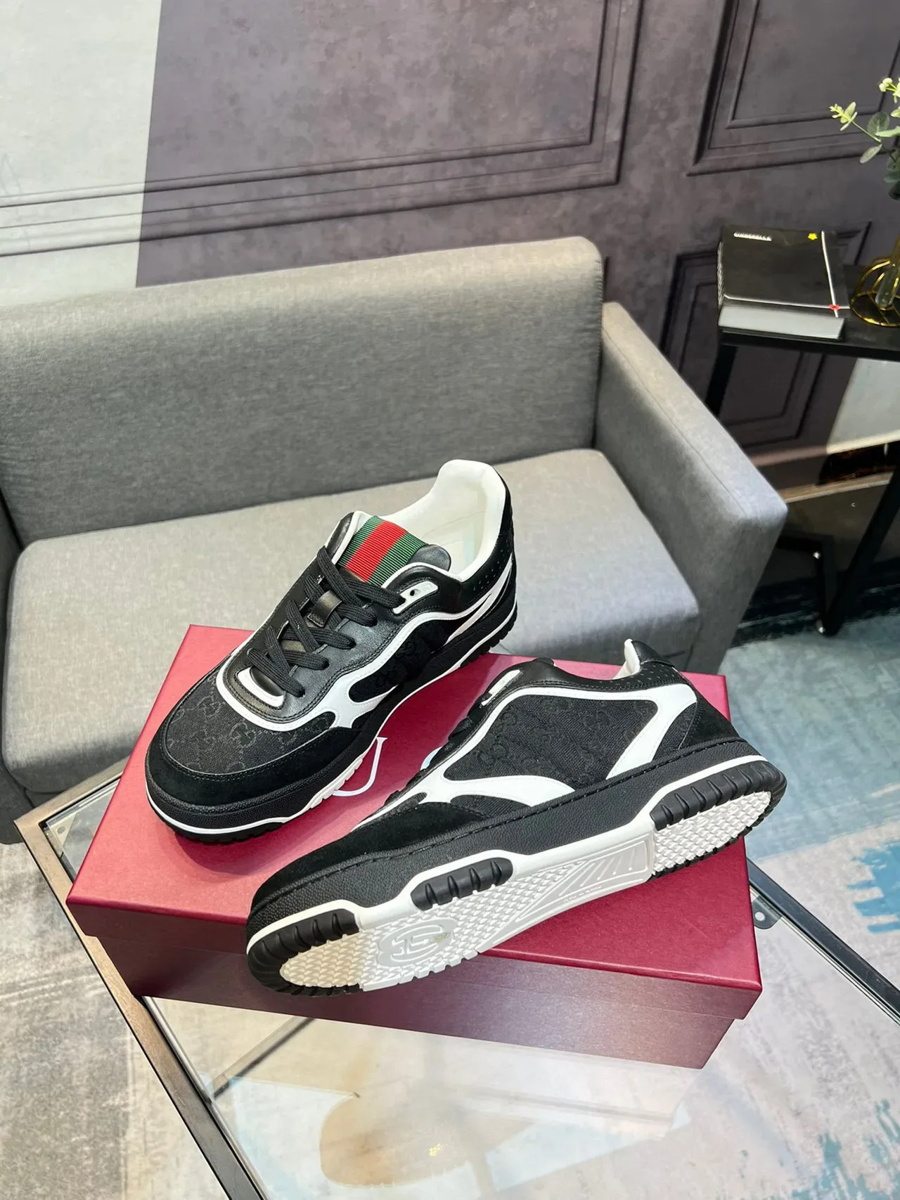 Gucci Black White GG Monogram Canvas Upper Red-Green Web Stripe Collar Lifestyle Sneakers 8