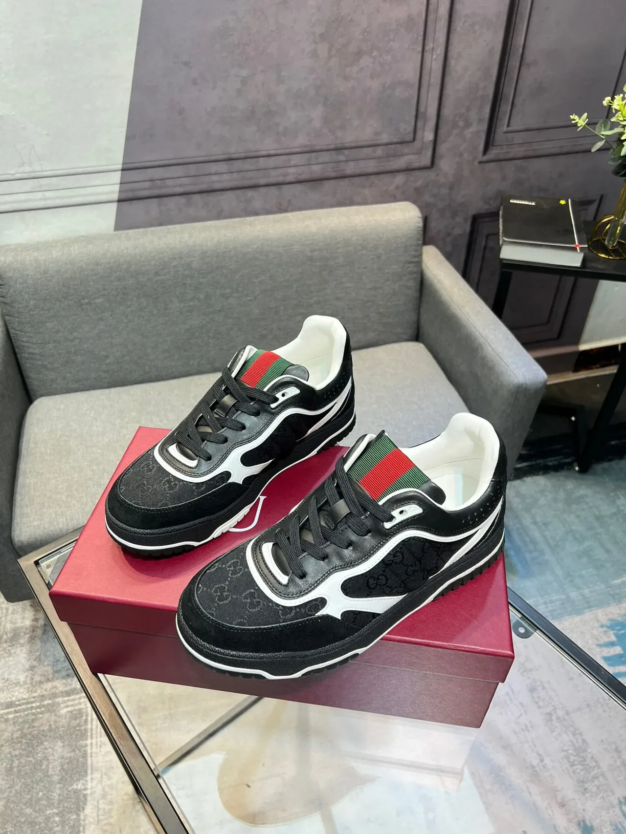 Gucci Black White GG Monogram Canvas Upper Red-Green Web Stripe Collar Lifestyle Sneakers 9