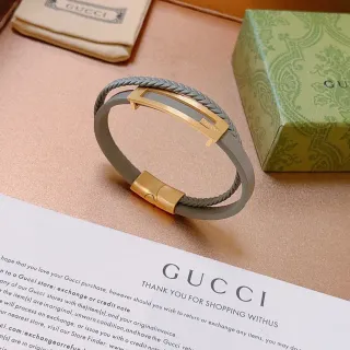 Gucci Pulsera de Cuero Gris Trenzada y Dorada