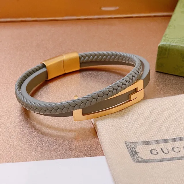Gucci Braided Gray Leather and Gold-Tone Bracelet 2