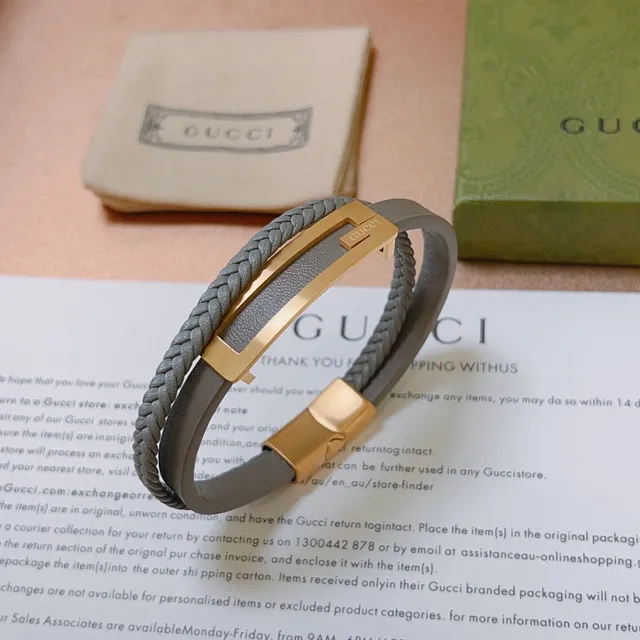 Gucci Braided Gray Leather and Gold-Tone Bracelet 3