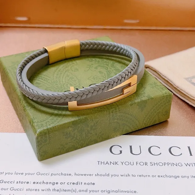 Gucci Braided Gray Leather and Gold-Tone Bracelet 6