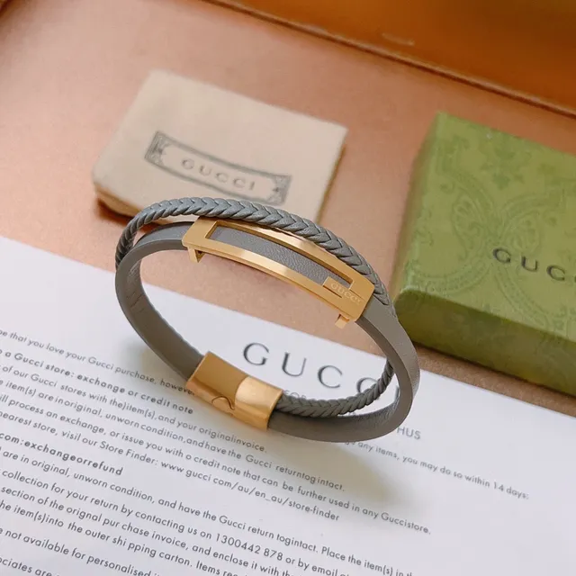 Gucci Braided Gray Leather and Gold-Tone Bracelet 7