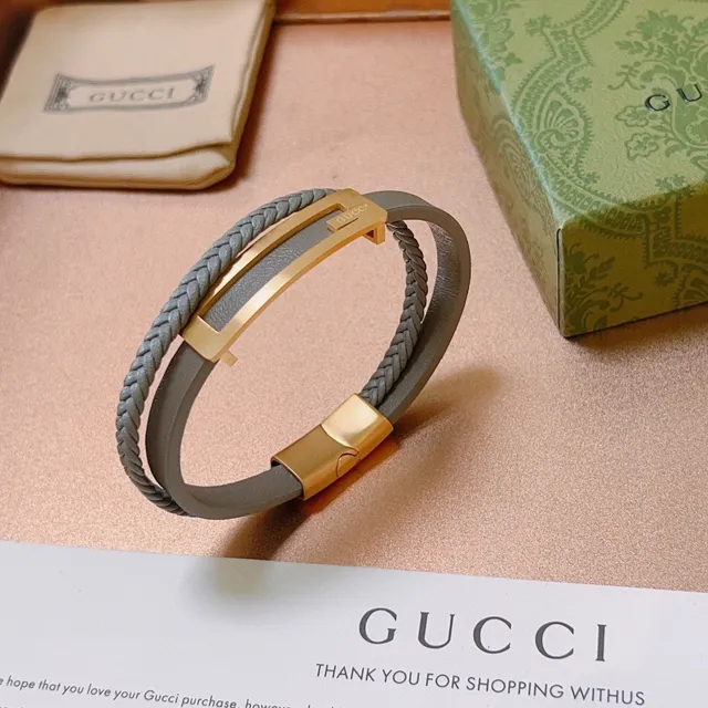 Gucci Braided Gray Leather and Gold-Tone Bracelet 9