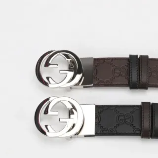 Gucci বাদামি কালো ইন্টারলকিং ডাবল জি বাকেল এমবসড জিজি মনোগ্রাম লেদার বেল্ট