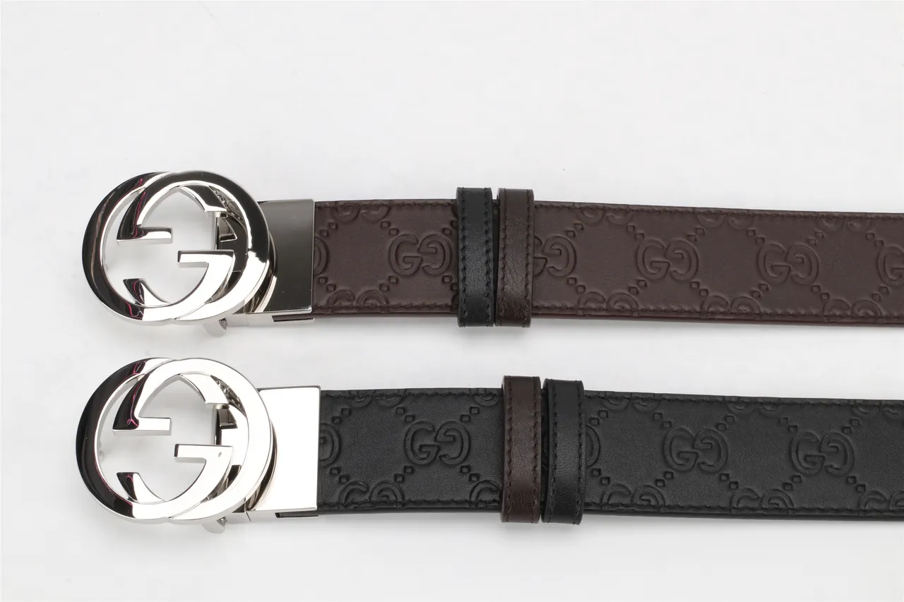 Gucci বাদামি কালো ইন্টারলকিং ডাবল জি বাকেল এমবসড জিজি মনোগ্রাম লেদার বেল্ট 3