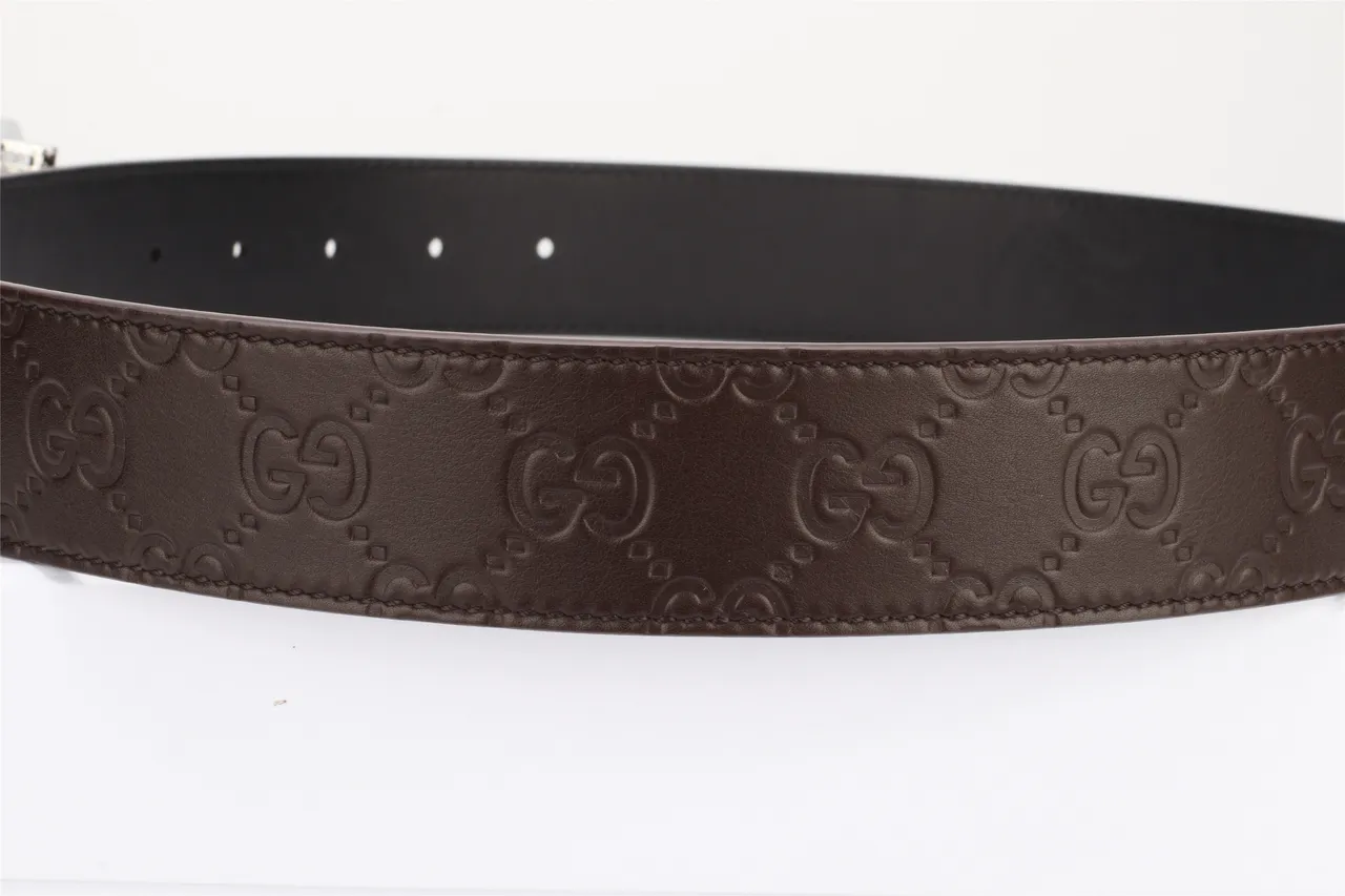 Gucci বাদামি কালো ইন্টারলকিং ডাবল জি বাকেল এমবসড জিজি মনোগ্রাম লেদার বেল্ট 8
