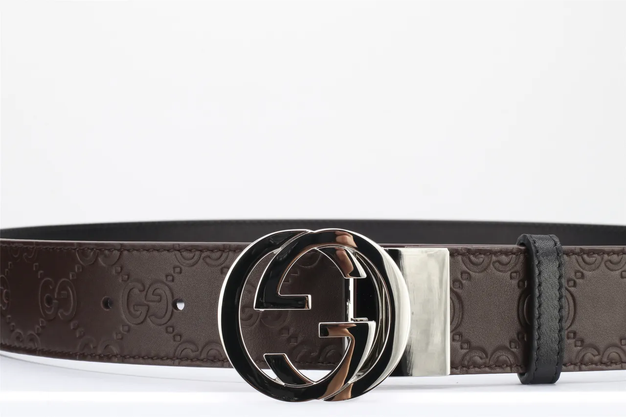 Gucci বাদামি কালো ইন্টারলকিং ডাবল জি বাকেল এমবসড জিজি মনোগ্রাম লেদার বেল্ট 10
