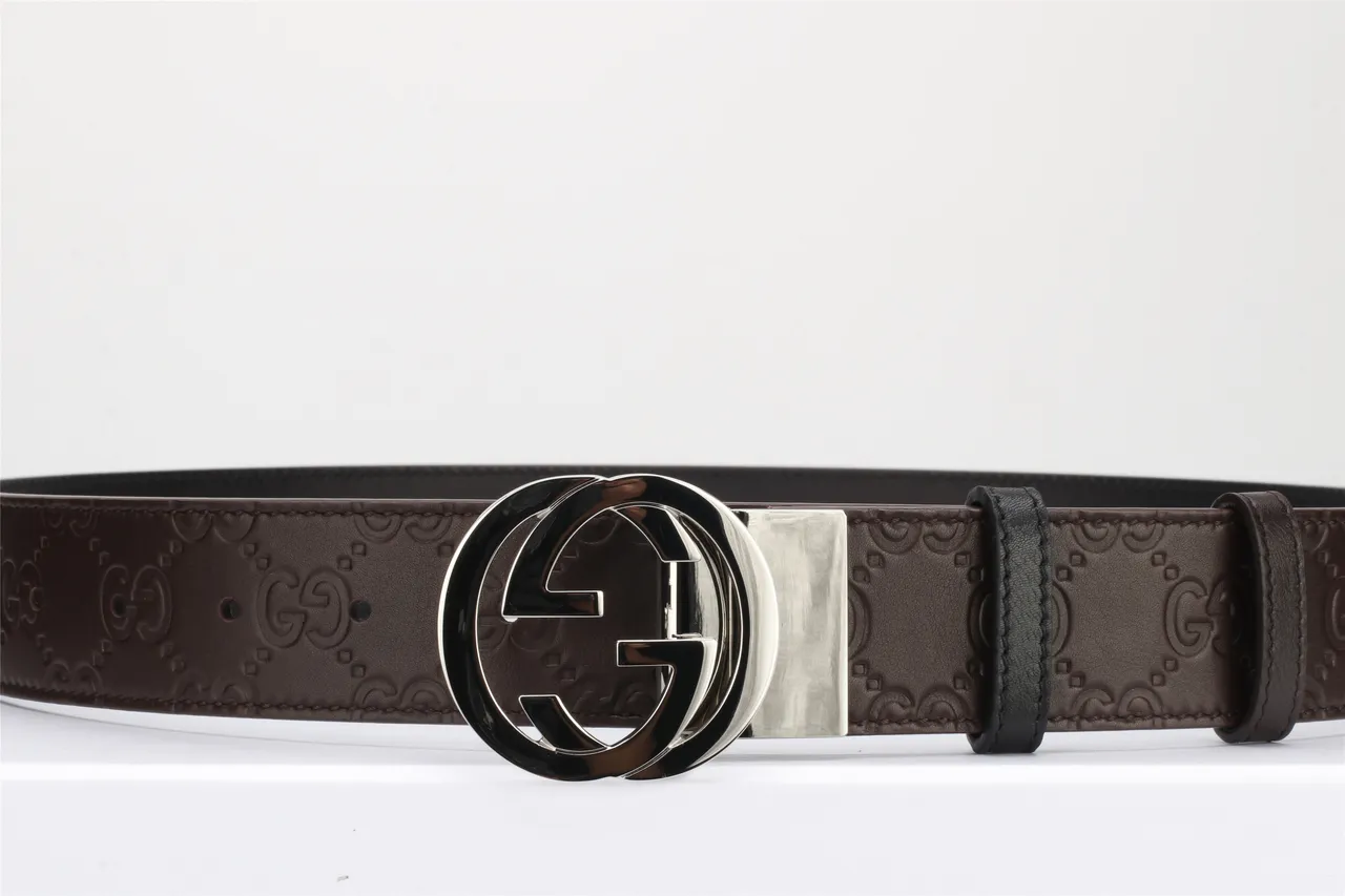 Gucci বাদামি কালো ইন্টারলকিং ডাবল জি বাকেল এমবসড জিজি মনোগ্রাম লেদার বেল্ট 11