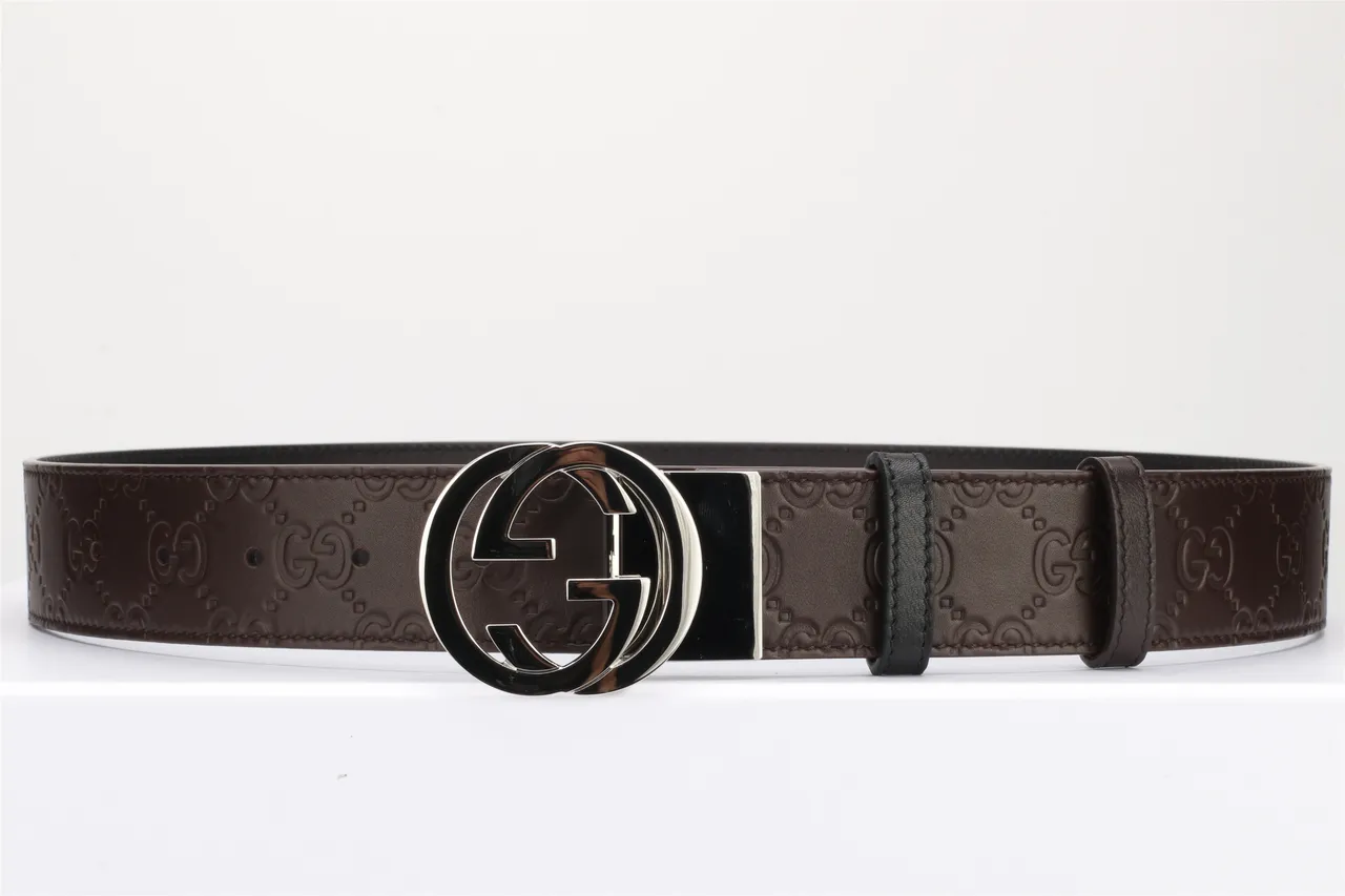 Gucci বাদামি কালো ইন্টারলকিং ডাবল জি বাকেল এমবসড জিজি মনোগ্রাম লেদার বেল্ট 12