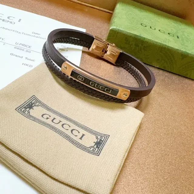 Gucci Brown Gold Braided Leather Double-Wrap Bracelet 3