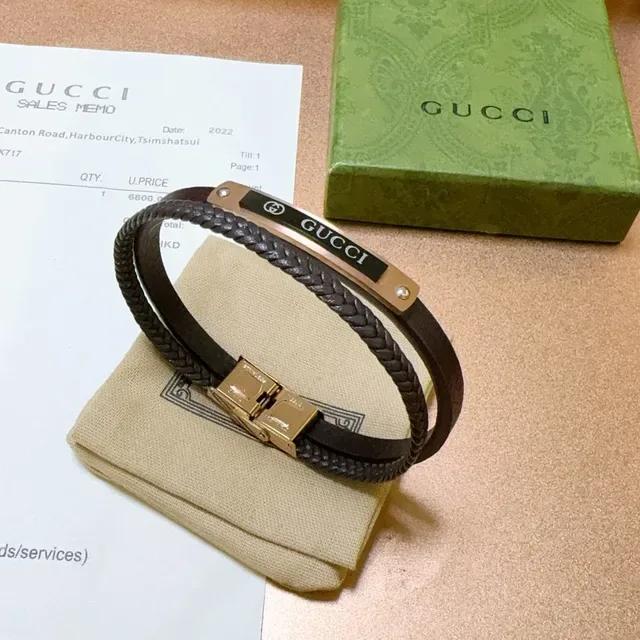 Gucci Brown Gold Braided Leather Double-Wrap Bracelet 4