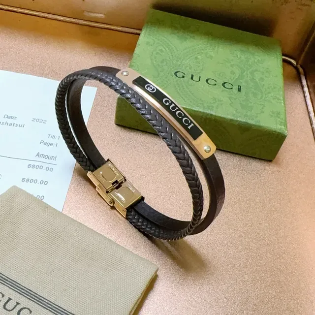 Gucci Brown Gold Braided Leather Double-Wrap Bracelet 7