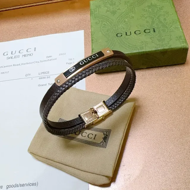 Gucci Brown Gold Braided Leather Double-Wrap Bracelet 9