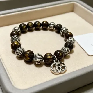 Gucci Brown Silver Beaded Tiger's Eye Stone Bracelet