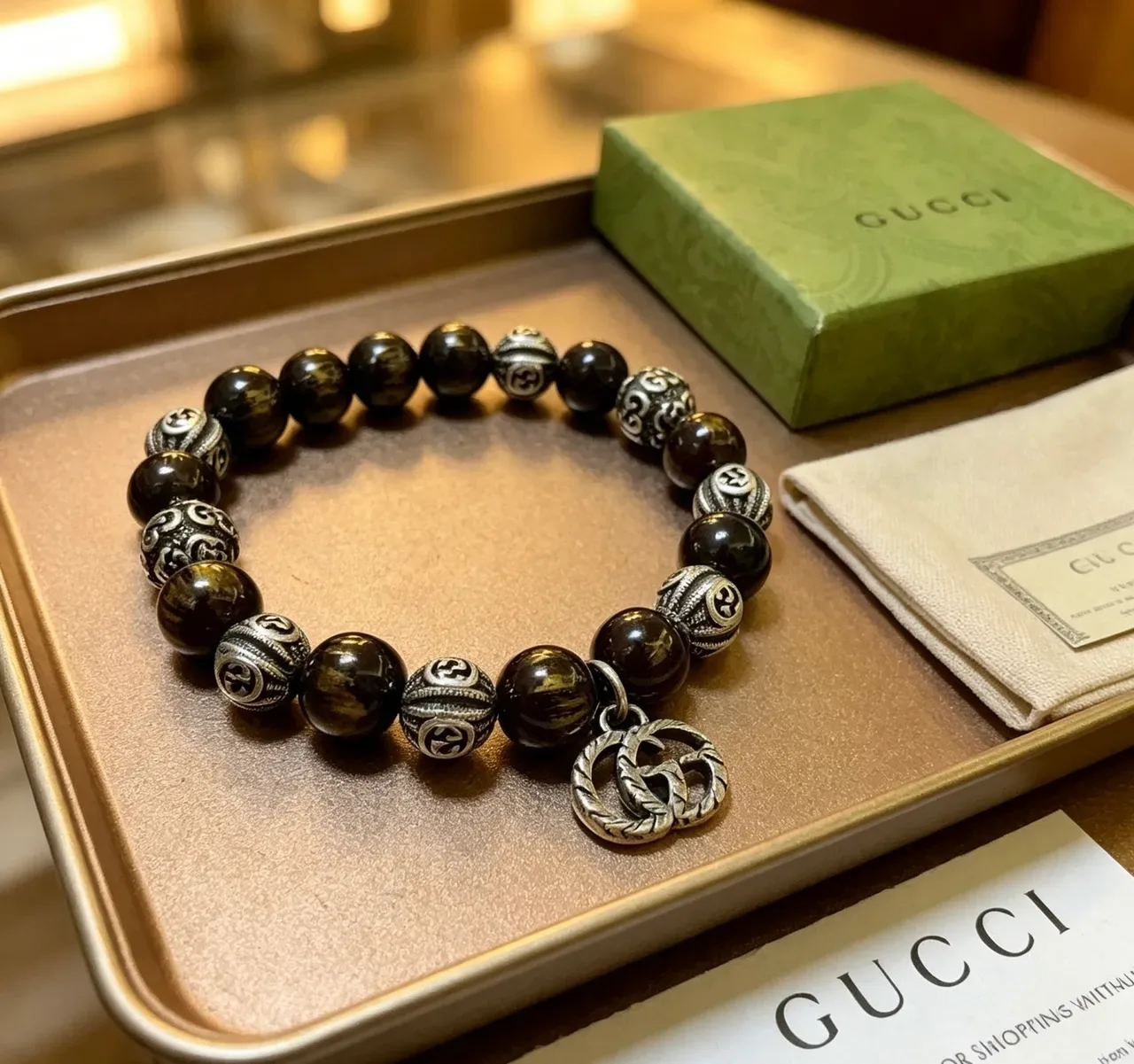 Gucci Brown Silver Beaded Tiger's Eye Stone Bracelet 4