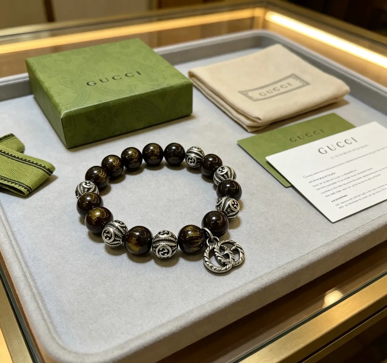 Gucci Brown Silver Beaded Tiger's Eye Stone Bracelet 6
