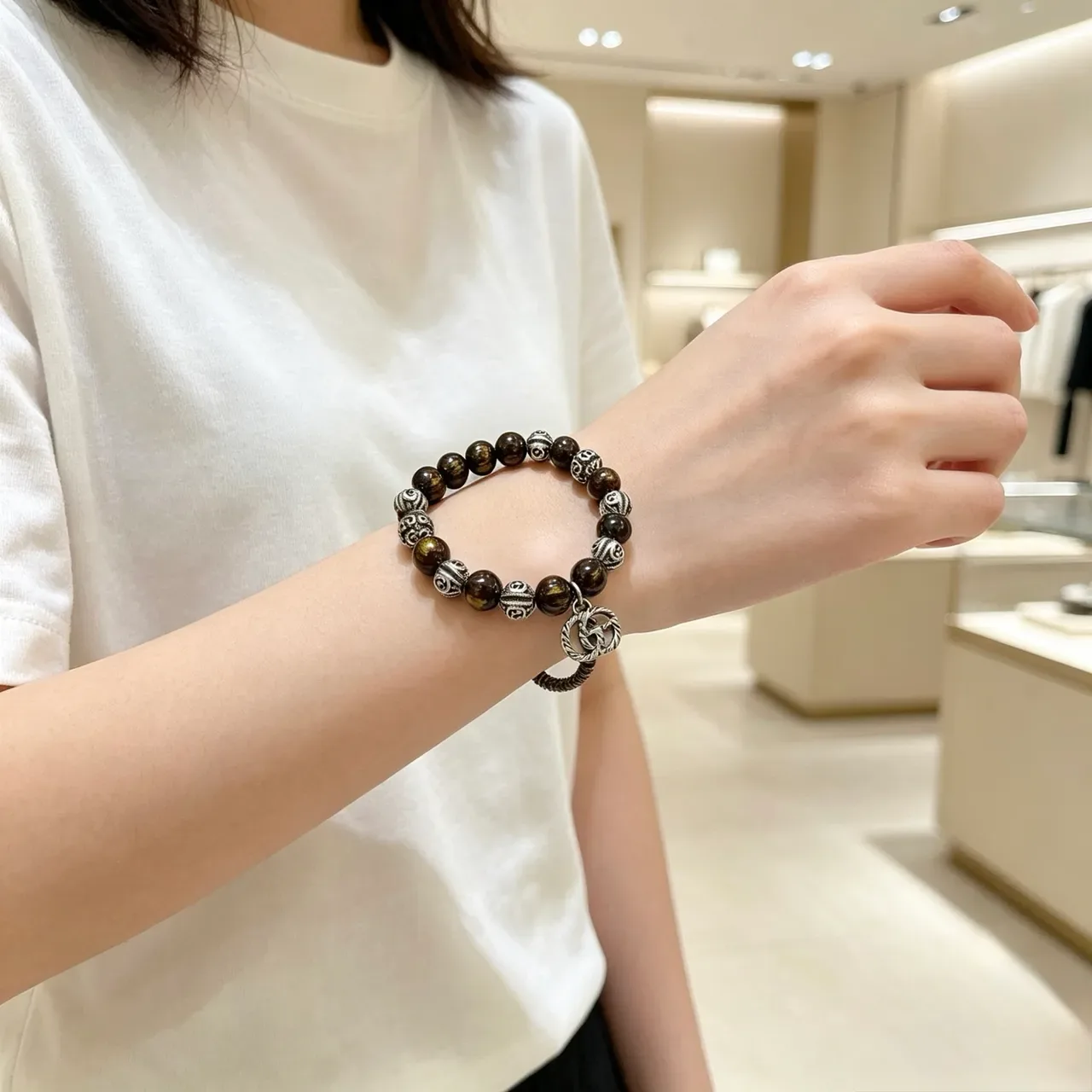 Gucci Brown Silver Beaded Tiger's Eye Stone Bracelet 8
