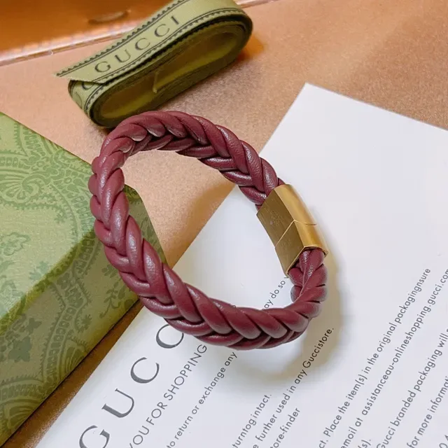 Gucci Burgundy Gold Braided Leather Magnetic Clasp Bracelet 2