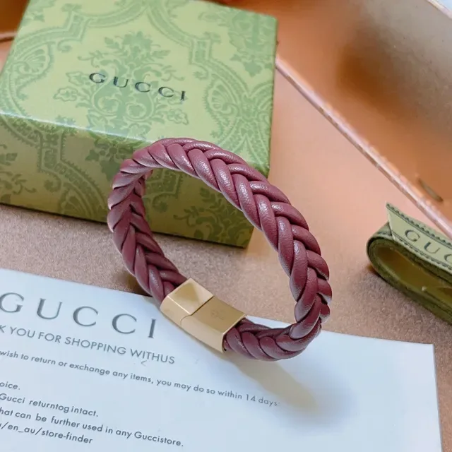 Gucci Burgundy Gold Braided Leather Magnetic Clasp Bracelet 3