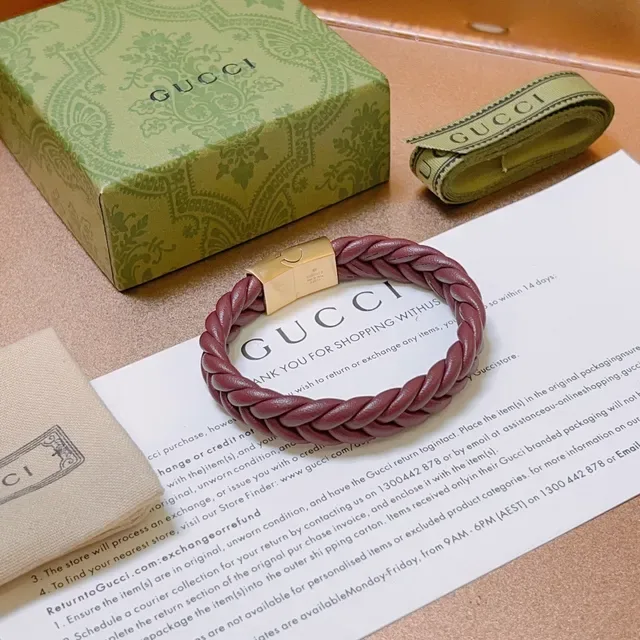 Gucci Burgundy Gold Braided Leather Magnetic Clasp Bracelet 5