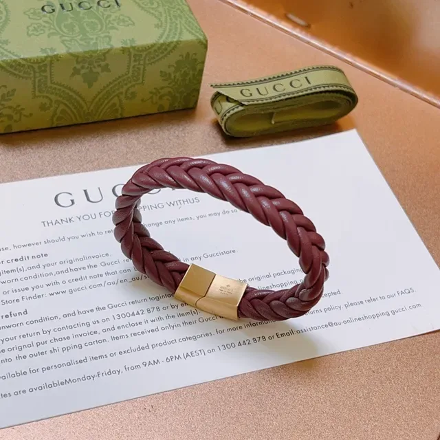 Gucci Burgundy Gold Braided Leather Magnetic Clasp Bracelet 6