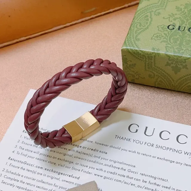 Gucci Burgundy Gold Braided Leather Magnetic Clasp Bracelet 7