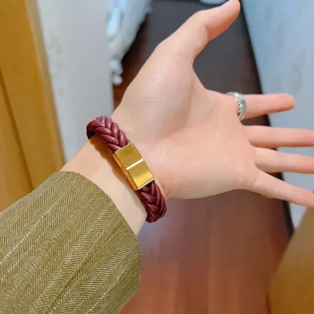 Gucci Burgundy Gold Braided Leather Magnetic Clasp Bracelet 8